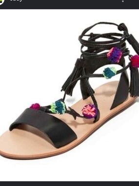 Loeffler Randall Black Leather Lace-Up Sandal with Multicolor Pom-Poms
